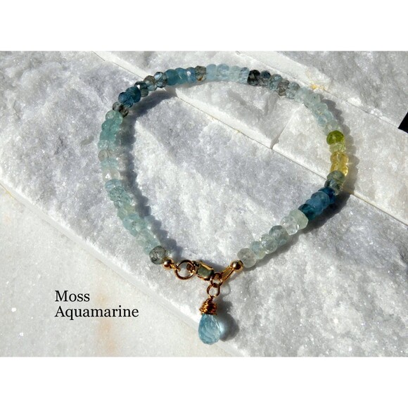 Natural Moss Aquamarine - Gold - Beaded Bracelet March Birthstone - Picture 3 of 8